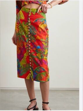 Farm Rio Urban Jungle Linen Midi Skirt Women XS Tropical Coconut Girl Latinx